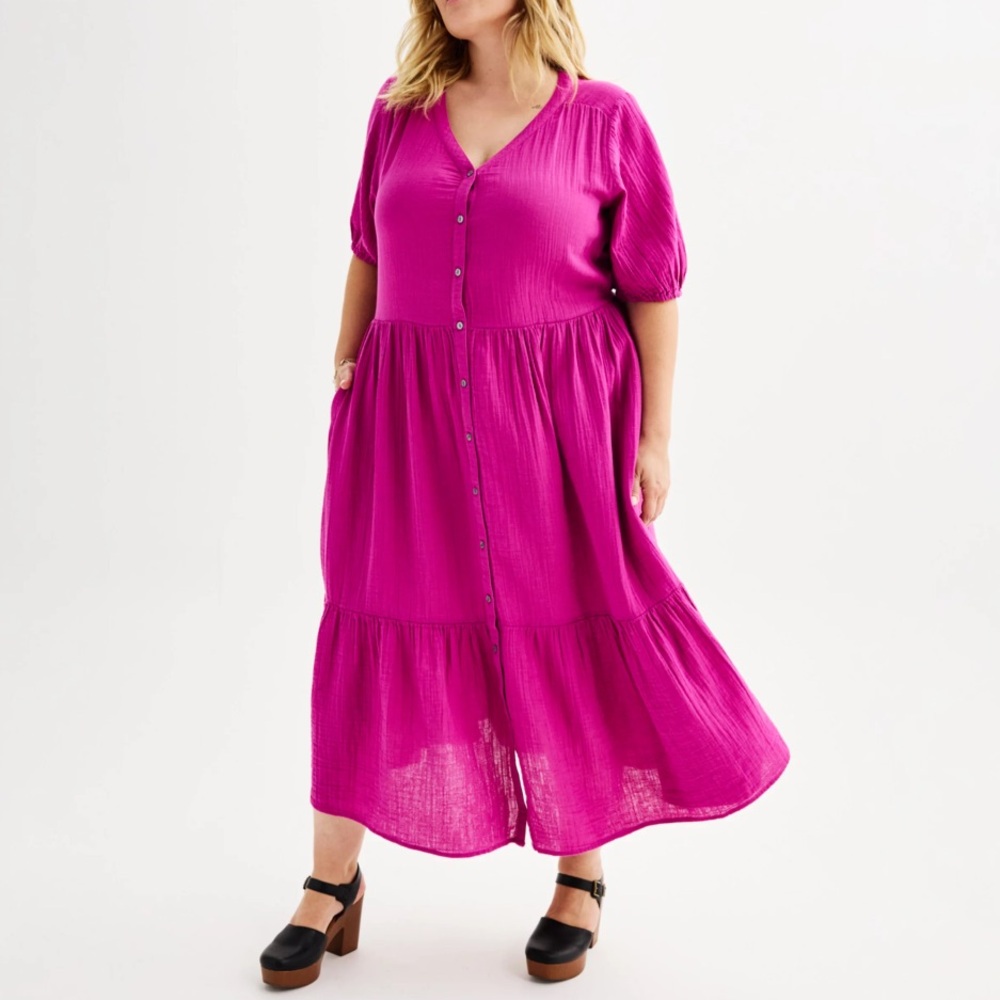 Sonoma Goods For Life Women’s Plus Size Pink/Fucsia Button Thru Femme Midi Dress